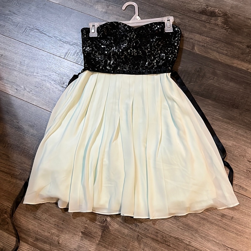 Strapless mint green and black sequin dress with belt